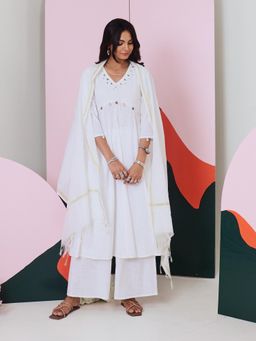 Gulaal - Ajuni White Mirror Embroidered Kurta Palazzo with Chanderi Dupatta (Set of 3)