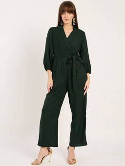 Femmella - Green Solid Jumpsuit with Belt (Set of 2)