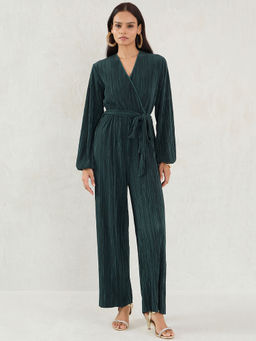 Femmella - Green Self Design Jumpsuit with Belt (Set of 2)