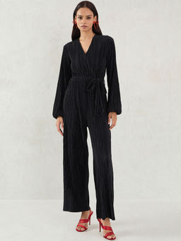Femmella - Black Self Design Jumpsuit with Belt (Set of 2)