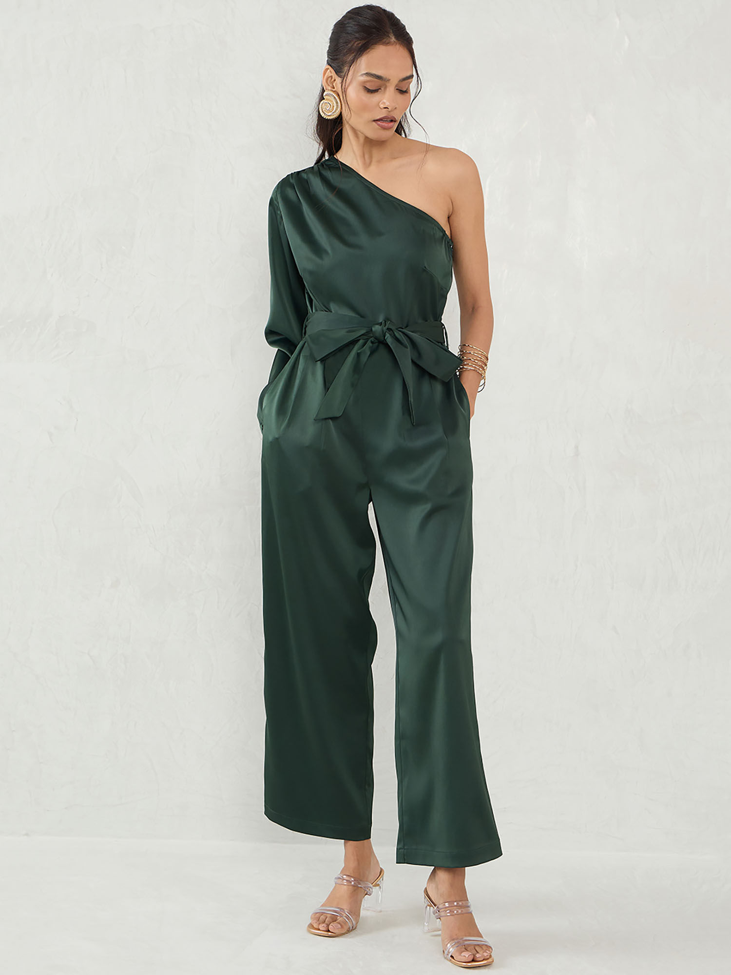 femmella Green Solid Jumpsuit with Belt (Set of 2)-picture-25