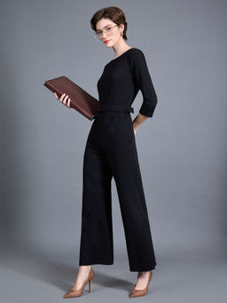 Miss Chase - Women's Black Round Neck Belted Wide leg Side Slit Maxi Workwear Jumpsuit