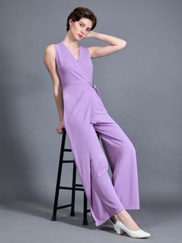 Miss Chase - Light Lavender V-Neck Sleeveless Solid Wrap Workwear Jumpsuit