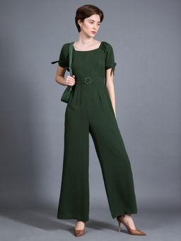 Miss Chase - Women's Dark Green Square neck Puff sleeve Wide Leg Workwear Jumpsuit