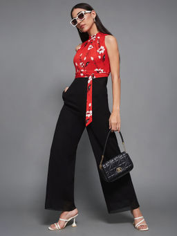 Miss Chase - Red & Black Georgette Floral Regular Halter Workwear Jumpsuit