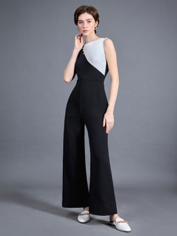 Miss Chase - Women's Off-White & Black Asymmetric Color-Block Workwear Jumpsuit