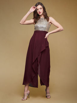 Miss Chase - Women's Wine Solid Relaxed Fit Round Neck Sleeveless Workwear Jumpsuit