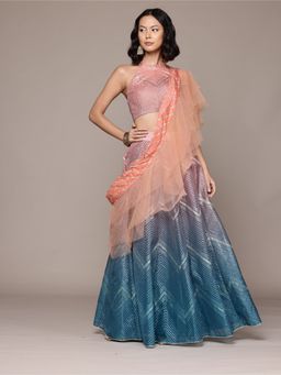 Aarke Ritu Kumar - Blue and Pink Gota Festive Lehenga with Blouse and Dupatta (Set of 3)