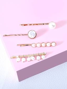 Zaveri Pearls - Gold Tone Set of 4 Contemporary Pearls Bobby Hair Pins ZPFK10554