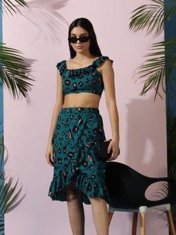 KOTTY - Women Teal Abstract Printed Ruffled Sleeves Co-Ord (Set of 2)