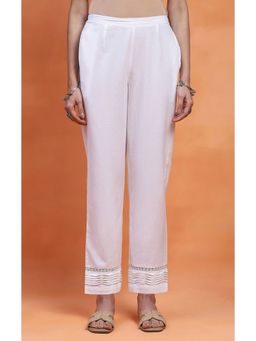 House of Chikankari - White Cotton Solid Women's Pintuck Pant with Lace