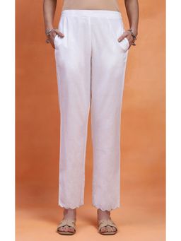 House of Chikankari - White Cotton Scalloped Solid Women's Pant
