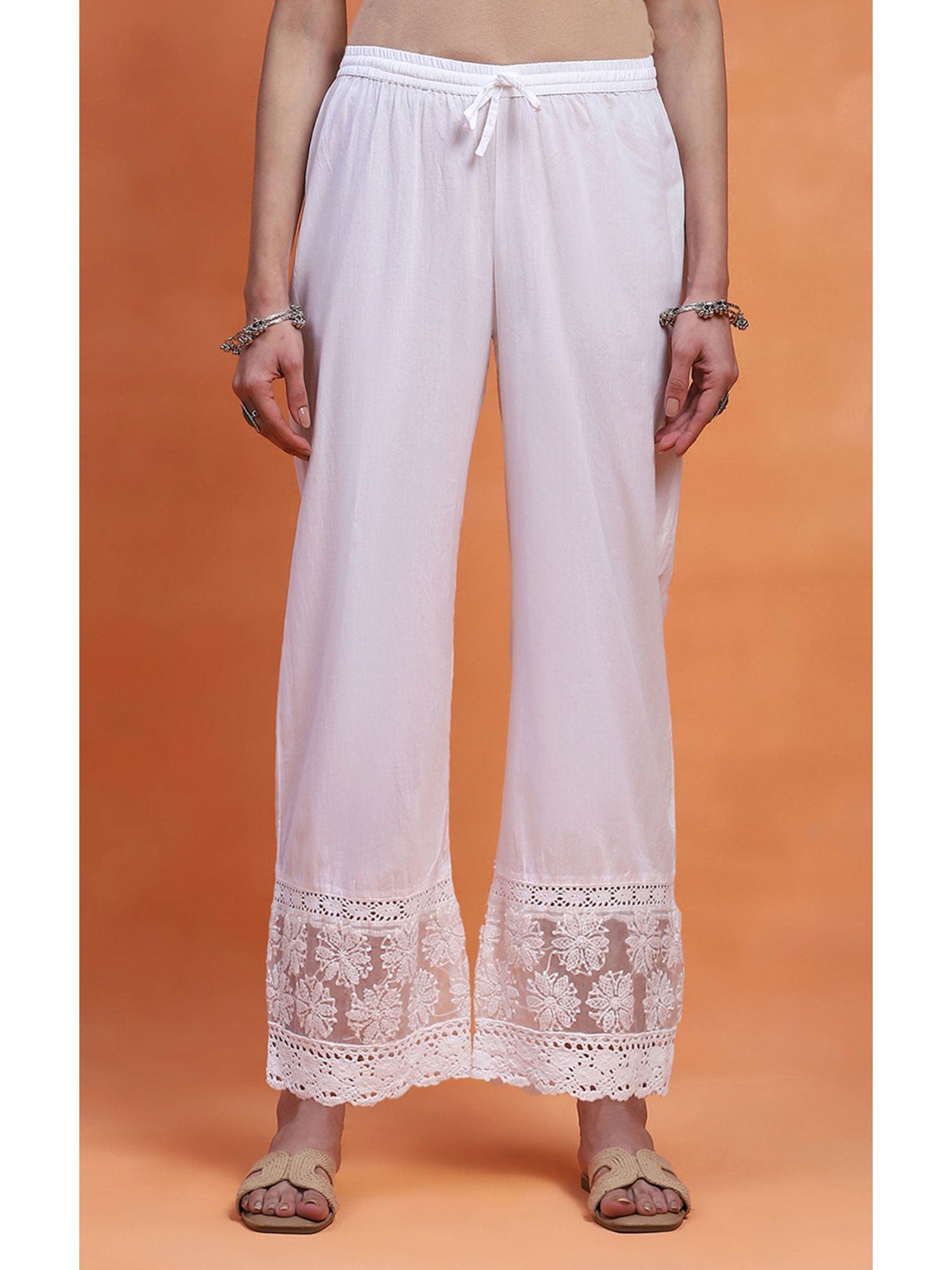 White Cotton Chikankari Solid Women's Palazzo-picture-30