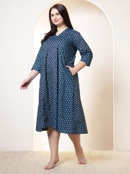 Amydus - Plus Size Navy and Teal Polka Print Cotton Dress