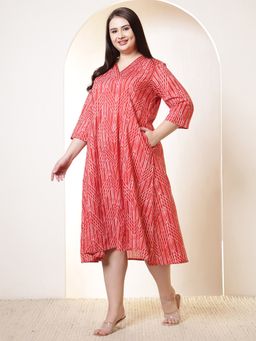 Amydus - Plus Size Bold Red and White Print Cotton Dress
