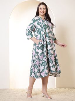 Amydus - Plus Size Green and Pink Flower Print Rayon Dress