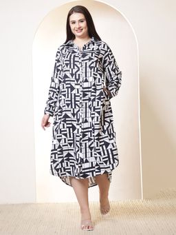 Amydus - Plus Size Black and White Geometric Print Cotton Shirt Dress