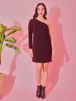 DEBONATELLA - Maroon One Shoulder Bodycon Shimmery Dress