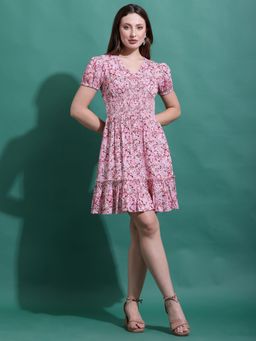 DEBONATELLA - Pink Floral Smocked Short Dress