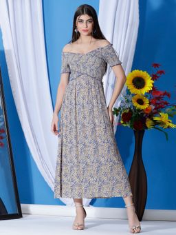 DEBONATELLA - Blue Off Shoulder Smocked Dress