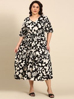 THE PINK MOON - Black Cactus Print Dress with Waist Tie