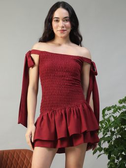 Oxolloxo - Women Maroon Polyester Off Shoulder Dress