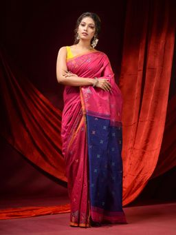 CHARUKRITI - Fuchsia Pink Blended Cotton Woven Buttas and Foliage Borders Saree with Unstitched Blouse