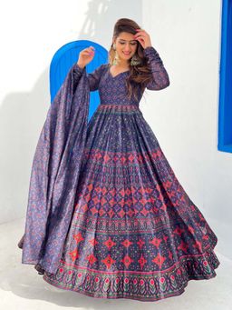 Odette - Blue Chanderi Printed Gown With Dupatta For Women (Set of 2)