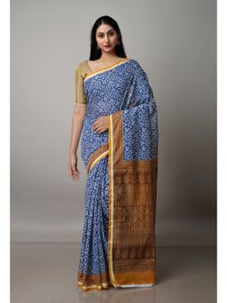 Unnati Silks - Navy Blue Floral Printed Chanderi Sico Saree with Unstitched Blouse