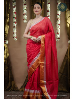 Ethnic Elements - Mul Cotton Tissue Scarlet Sheen Saree Without Blouse