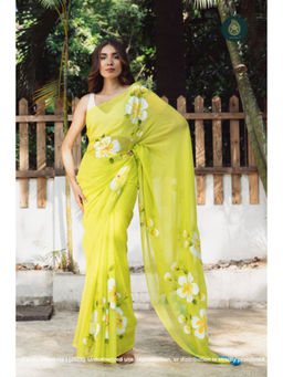 Ethnic Elements - Chitramay - Hand painted Mul Cotton Saree Without Blouse- Citrina Mojito