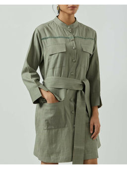 MARKKAH STUDIO - Women Olive Chambray Solid Kurta with Belt