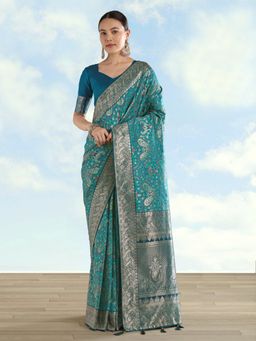 Monjolika Fashion - Turquoise Banarasi Silk Traditional Paisley Weaves Saree with Unstitched Blouse
