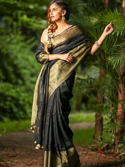 Beatitude - Black Handwoven Solid Linen Saree Broad Golden Zari Border with Unstitched Blouse