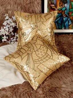 HOSTA HOMES - Polyester Based Embellished Sequence Cushion Covers Beige (Pack of 2) (16 x 16 Inches)