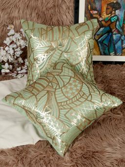 HOSTA HOMES - Polyester Based Embellished Sequence Cushion Covers Green (Pack of 2) (16 x 16 Inches)