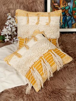 HOSTA HOMES - Pure Cotton Hand Crafted Cushion Covers Yellow (Pack of 2) (16 x 16 Inches)
