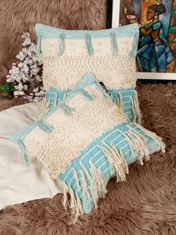 HOSTA HOMES - Pure Cotton Hand Crafted Cushion Covers Blue (Pack of 2) (16 x 16 Inches)