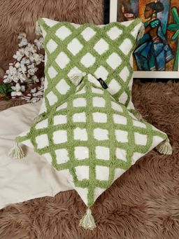 HOSTA HOMES - Pure Cotton Hand Crafted Cushion Covers Green (Pack of 2) (16 x 16 Inches)