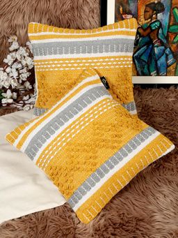 HOSTA HOMES - Pure Cotton Hand Crafted Cushion Covers Yellow (Pack of 2) (16 x 16 Inches)