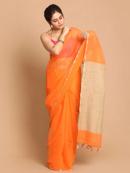 Indethnic - Banarasi Orange Solid Daily Wear Saree With Unstitched Blouse
