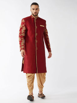 Vastramay - Men's Maroon Silk Blend Sherwani (Set of 2)