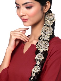 Yellow Chimes - Gold Toned Kundan Studded Pearl Drop Braid Vines for Women