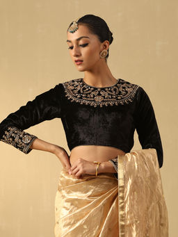 WeaverStory - Black Hand Embroidered Zardozi Silk Velvet Blouse
