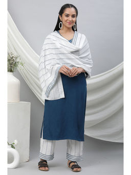 Aurelia - White Cotton Mulmul Dupatta with Blue Stripes