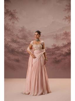 PARUL GANDHI - Pink Pankhuri Saree With Embelished Blouse