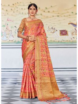 Sangam Prints - Peach Zari Woven Work Traditional Tassel Saree with Unstitched Blouse