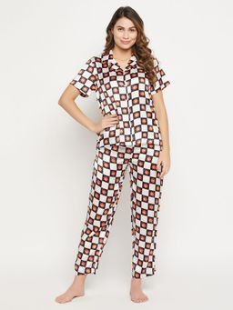 Clovia - Crepe Print Me Pretty Button Down Shirt & Pyjama White (Set of 2)