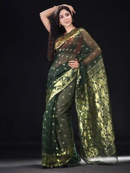 Beatitude - Green Cotton Silk Woven Jacquard Jamdani Saree with Unstitched Blouse