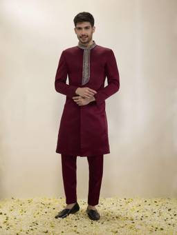 Neha Gursahani - Maroon Sherwani with Embroidered Pants